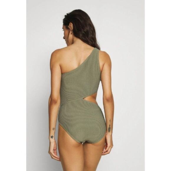Michael Kors Army Green One Shoulder Cutout One Piece Swimsuit Size 14 - Picture 3 of 13